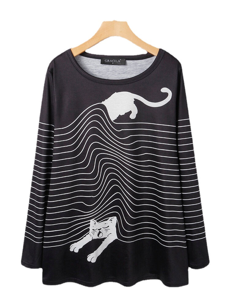 Women Striped Cartoon Cat Round Neck Casual Relaxed Fit Long Sleeve T-Shirt