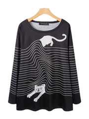 Women Striped Cartoon Cat Round Neck Casual Relaxed Fit Long Sleeve T-Shirt