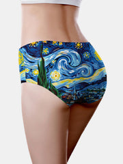 Seamless Women Oil Painting Starry Sky Print Mid Waisted Breathable Panties