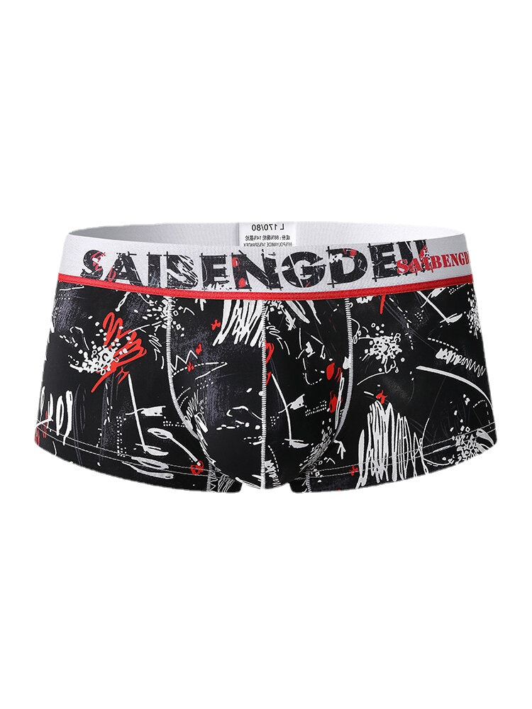 Mens Underwear Graffiti Print Faux Silk U Convex Boxers