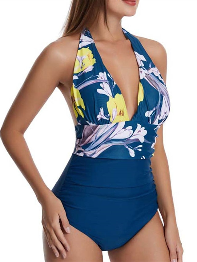 Women's Swimwear One Piece Plus Size Swimsuit Backless Tummy Control Print Flower Yellow Blue Halter Plunge Bathing Suits New Vacation Sexy