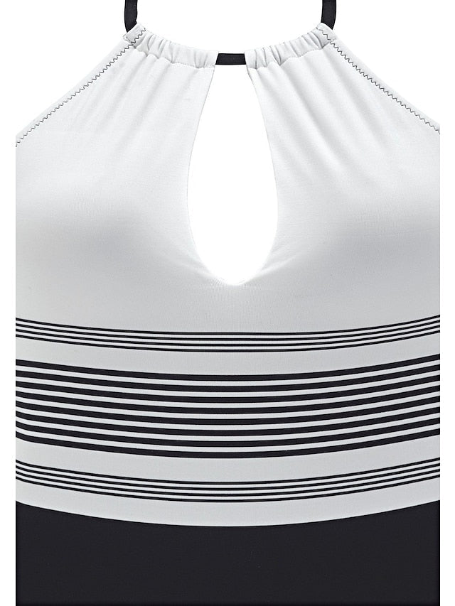 Women's Swimwear One Piece Monokini Bathing Suits Normal Swimsuit Backless Modest Swimwear Tummy Control Cut Out Slim Striped White Halter High Neck Bathing Suits Sports Basic Casual / New