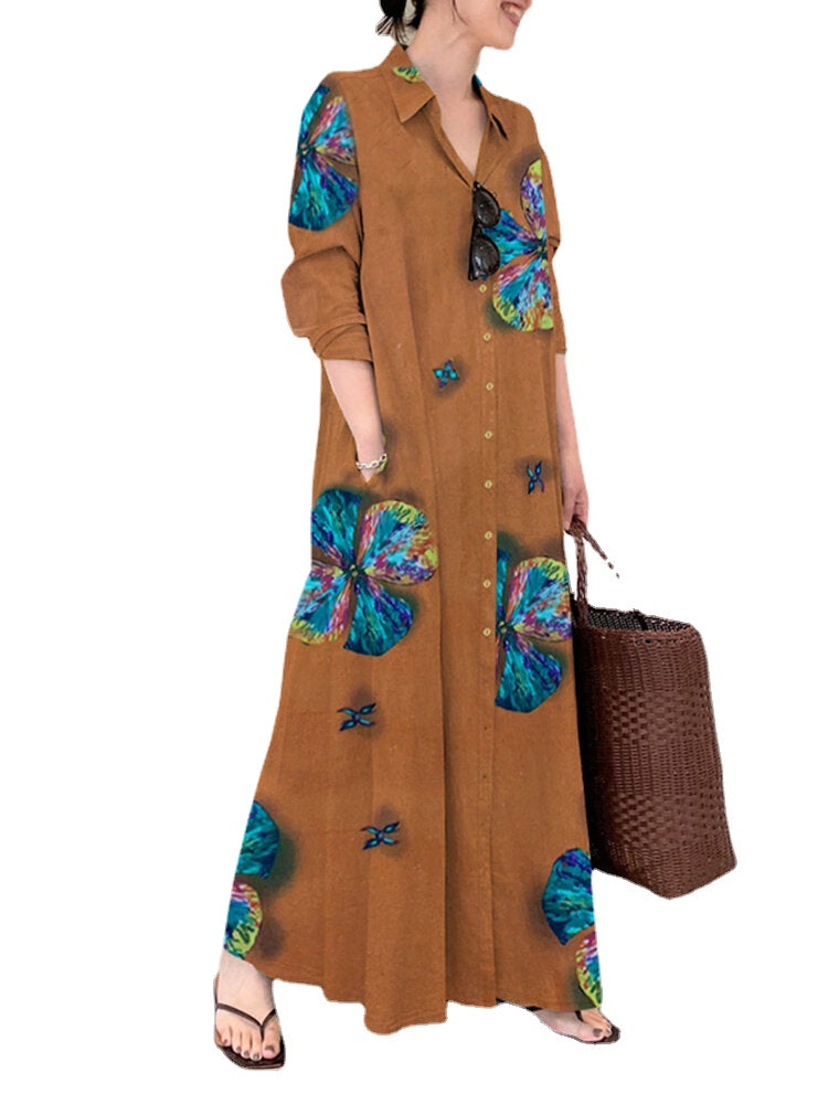 Women Flower Print Button Up Casual Long Sleeve Maxi Shirt Dresses With Pocket