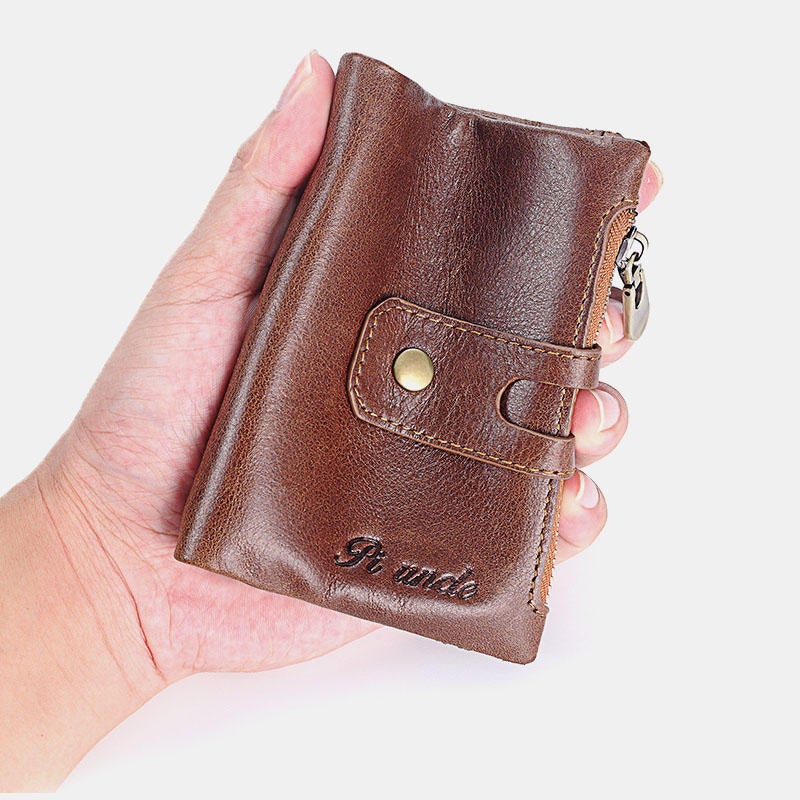 Men Retro Genuine Leather RFID Blocking Wallet 15 Card Slots Zipper Wallet