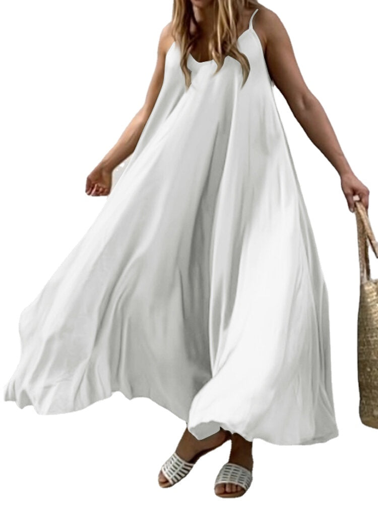 Solid Color Spaghetti Sleeveless Loose Swing Casual Maxi Dress