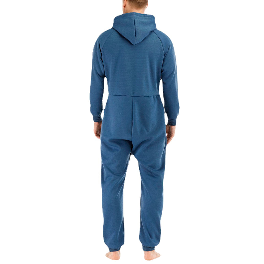 Men  Mulit Pockets Thicken Loungewear Zip Down Jumpsuit Plain Hooded Pajamas