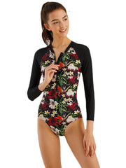 Women Floral Print Front Zipper Sun Protection Long Sleeves Sport Surfing One Piece Swimwear