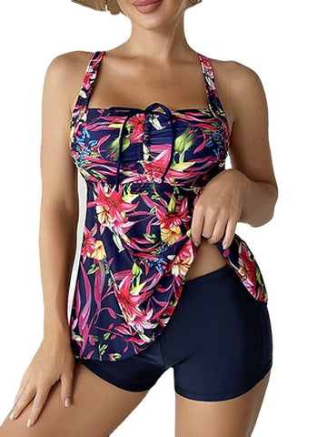Women's Swimwear Tankini Swim Dress 2 Piece Plus Size Swimsuit Open Back Printing Floral Yellow Red Blue Purple Camisole Strap Bathing Suits New Vacation Fashion
