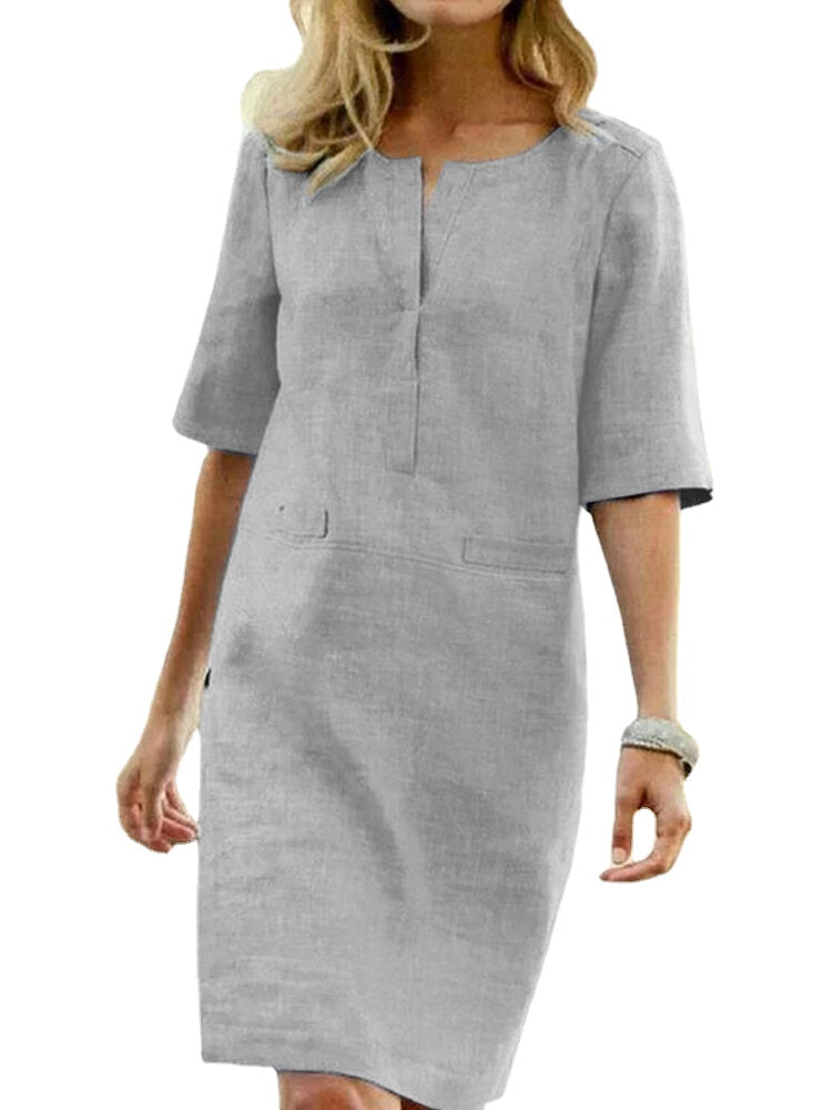 Casual Solid Color Decorative Pockets Half Sleeve Loose Midi Dress