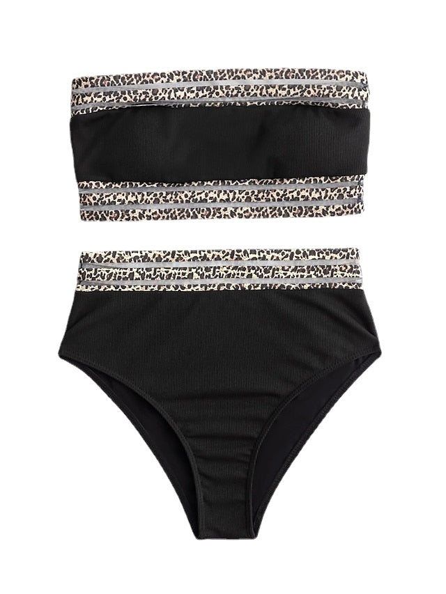 Women's Swimwear Bikini 2 Piece Normal Swimsuit Backless Printing High Waisted Leopard Black Strapless Bathing Suits New Vacation Sexy / Modern