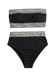 Women's Swimwear Bikini 2 Piece Normal Swimsuit Backless Printing High Waisted Leopard Black Strapless Bathing Suits New Vacation Sexy / Modern
