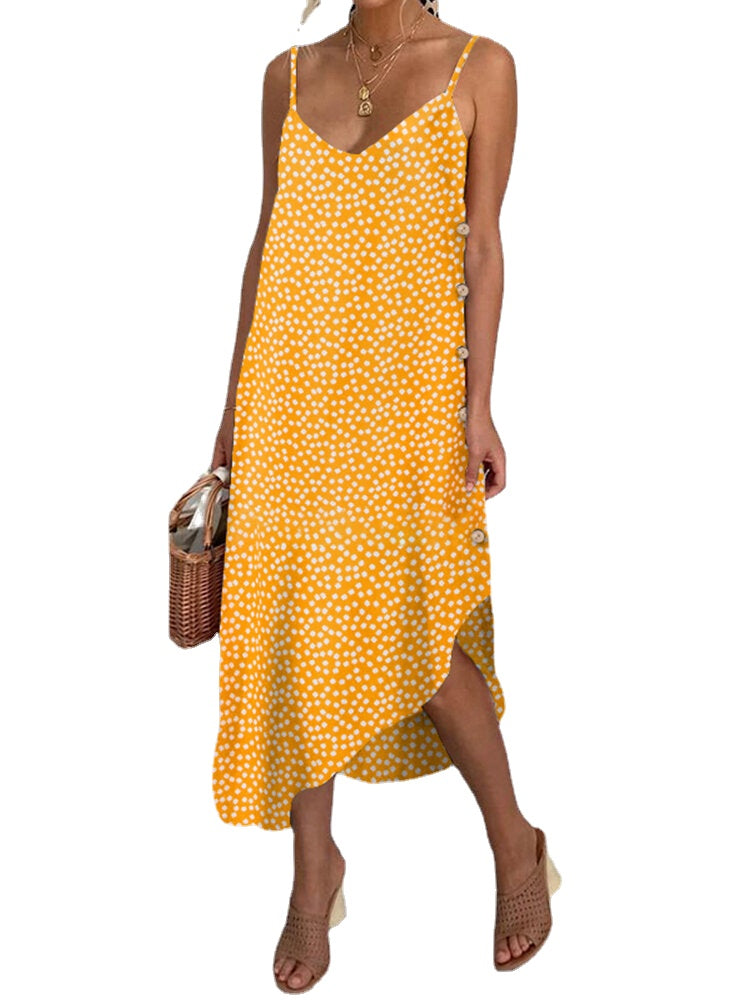 Women Sunflower Print Button Detail Holiday Casual Diagonal Hem Sling Dress