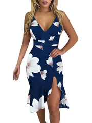 Women's Floral Ruffle V Neck Stylish Sleeveless Slim Split Dress