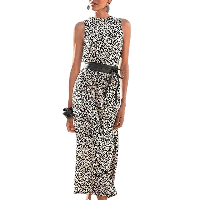 Women‘s Sleeveless Color Block Leopard Crew Neck Stylish Elegant Dress