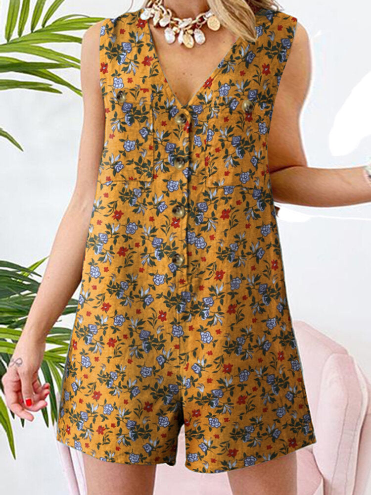 Leisure Calico Button Pocket Sleeveless V Neck Cotton Romper