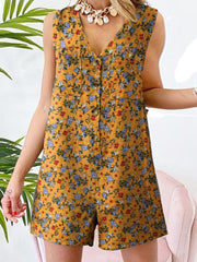 Leisure Calico Button Pocket Sleeveless V Neck Cotton Romper