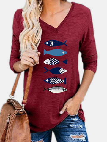 Women Fish Printed V-Neck Long Sleeve Cartoon Blouses