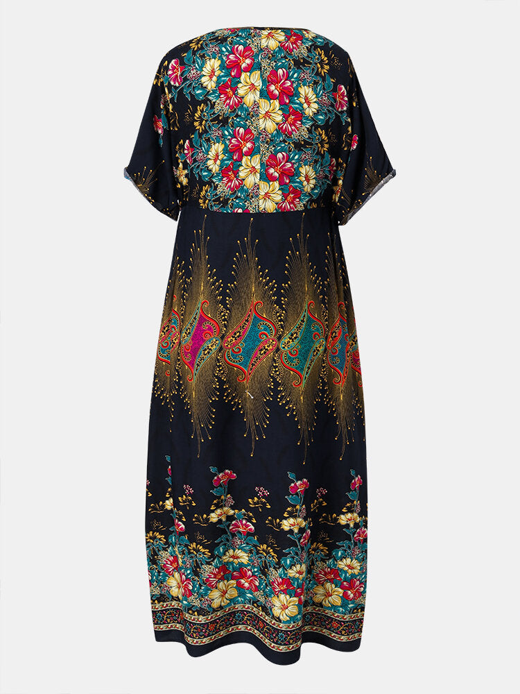 Bohemian Ethnic Floral Print V-neck Pocket Half Sleeve Casual Dress For Women