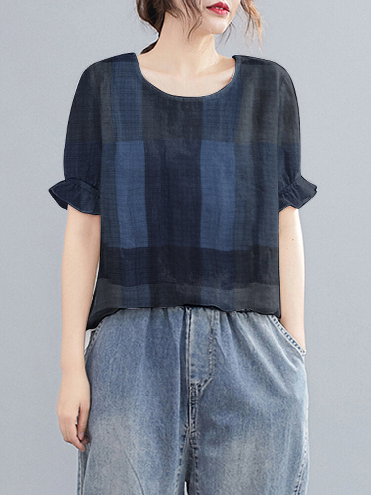 Plaid Ruffled Short Sleeve Round Neck Casual Blouse