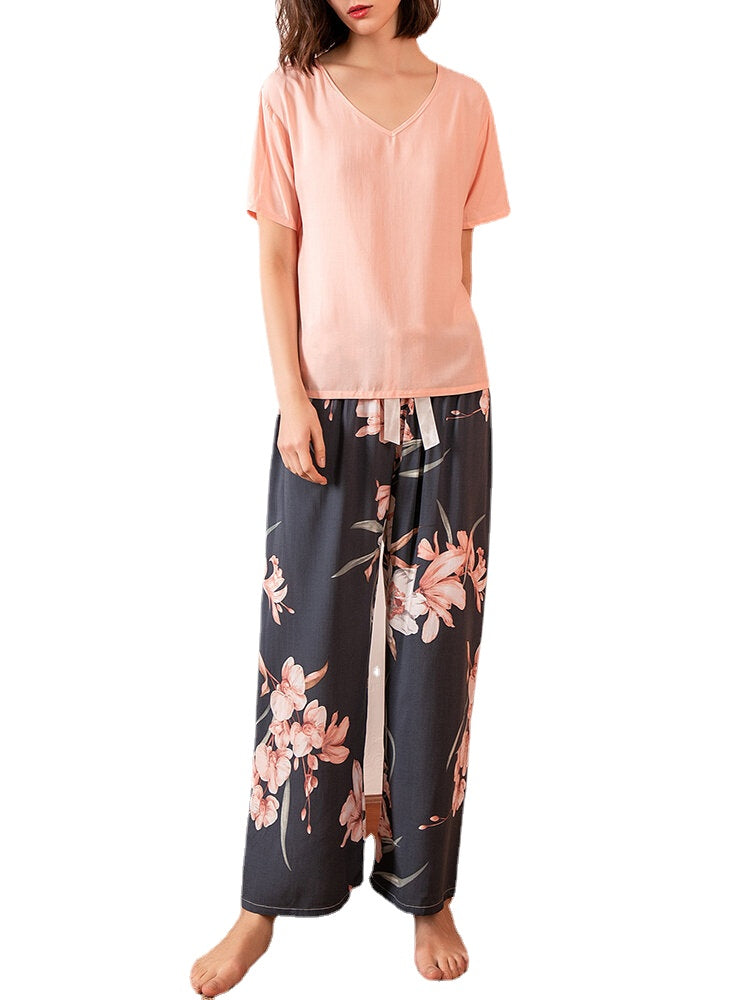 Women Short Sleeve Tops Tropical Floral Print Wide Leg Pants Soft Pajama Set