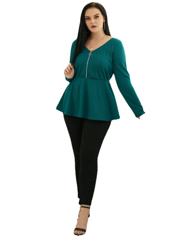 Plus Size V-neck Waffle Knit Zip Front Long Sleeves Knitwear