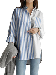 Women Stripes Patchwork High Low Split Hem Casual Long Sleeve Shirts