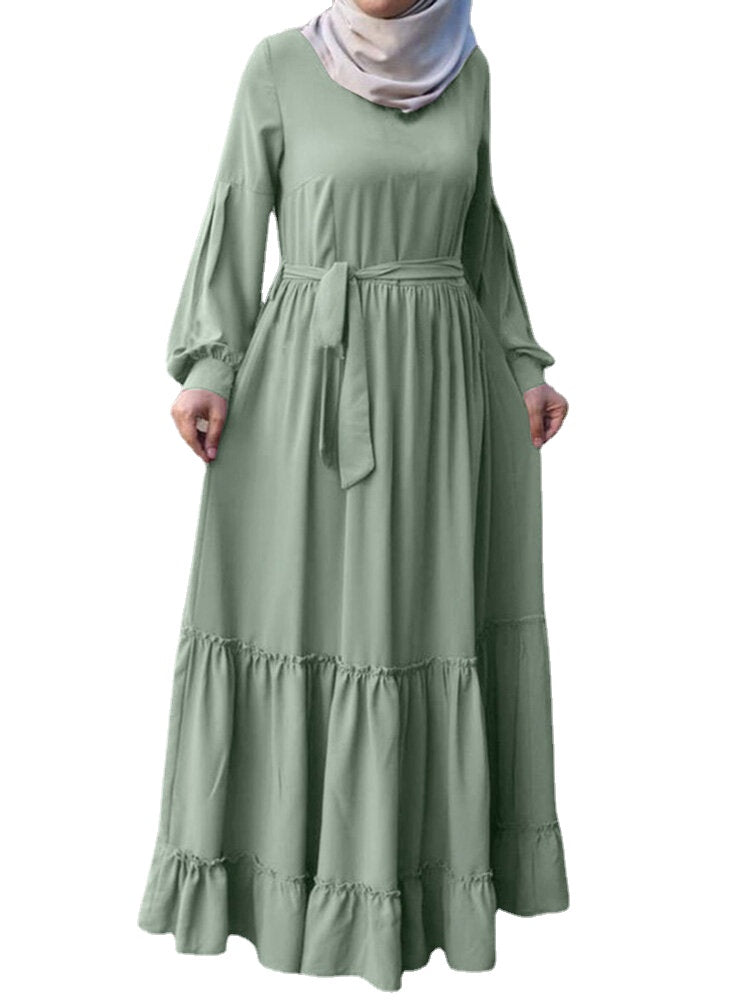 Solid Color O-neck Back Zipper Lace-up Long Sleeve Belted Pleated Maxi Dress