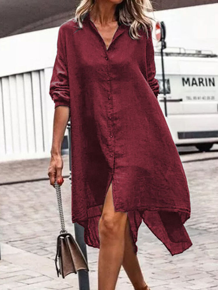 Women Solid Color Lapel Lack Slit Loose Shirt Dress