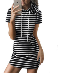 Striped Drawstring Short Sleeve Casual Shirt Pocket Dress