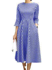 Grid Prited Plaid O-Neck Three Quarter Sleeve Back Zipper Midi Dress For Women