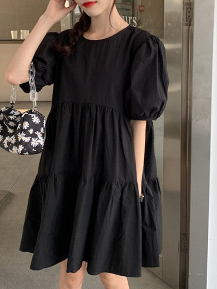 Summer Puff Sleeve Pleating Solid Loose Dress