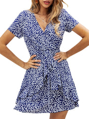 Holiday Floral Print V-neck Ruffle Summer Short Sleeve Casual Dress