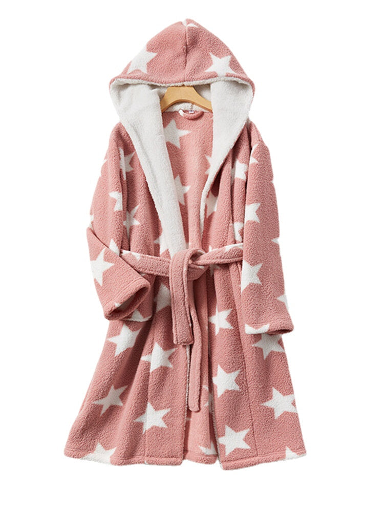 Women Star Print Fleece Thick Lace-Up Double Pockets Casual Home Warm Hooded Robes