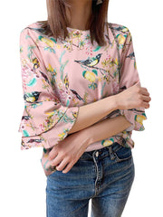 Plant Print Bell Sleeve Round Neck Blouse