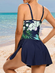 Women's Swimwear Swimdresses Normal Swimsuit Printing Floral Navy Blue Bathing Suits Sports Beach Wear Summer