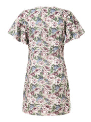 Vintage Flower Print Wrap Body Tie V-neck Short Mini Dress