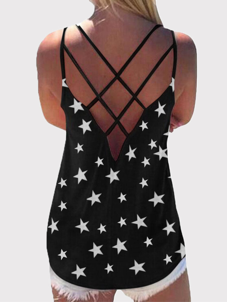 Star Print Back Cross Sleeveless Sling Casual Wild Tank Top