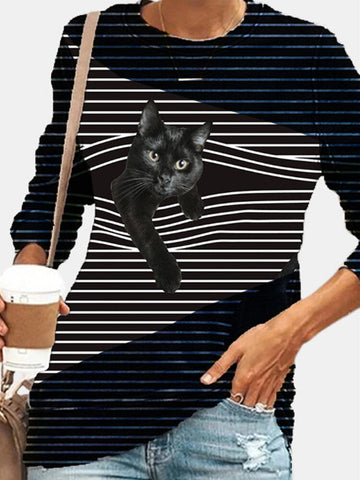 Women Cat Stripe Print O-Neck Casual Long Sleeve Blouses