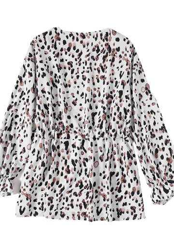 Women Leopard Printed V-Neck Flare Sleeve Elastic Cuff Drawstring Waist Shirts