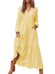 Women Solid Color O-neck Casual Maxi Dress