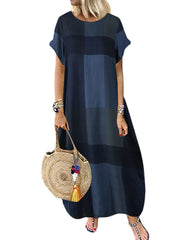 Women Plaid Short Sleeve Crew Neck Side Pocket Baggy Vintage Long Maxi Dress