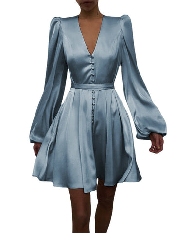 Luster V-Neck Buttons Long Sleeve Casual Dress For Women