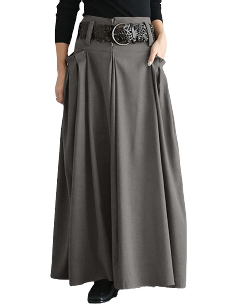 Women Solid Side Pockets Lace-Up Party A-Line Skirt with Back Zipper