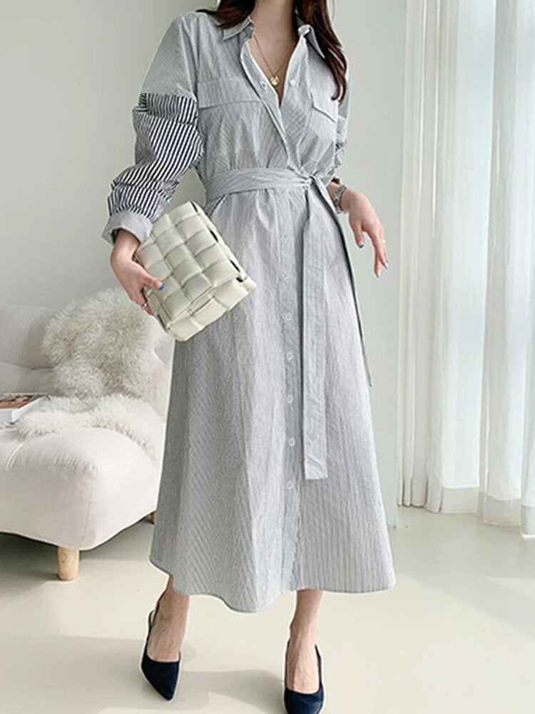 Stripe Contrast Color Pocket Belt Button Down Shirt Dress