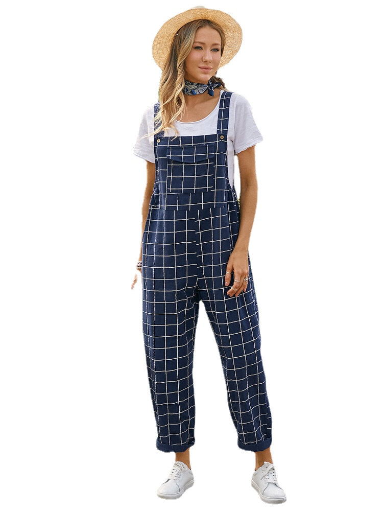 Women Grid Adjustable Strappy Sleeveless Casual Jumpsuits With Flap Pocket