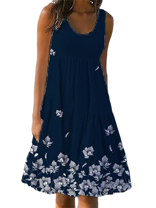 Women's Sleeveless Solid Color Ruched Round Neck Casual Beach Vacation Dress