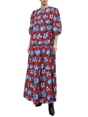 Casual Floral Print O-Neck Loose Back Zipper Puff Sleeve Holiday Maxi Dress For Women