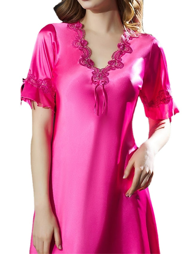 Women's Satin Dress A Line Dress Mini Dress Elegant Sexy Lace Bow Solid Colored V Neck Home Lounge Champagne Pink