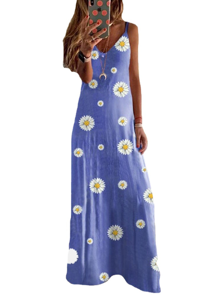 Women Summer Daisy Print Sleeveless Sling Holiday Maxi Dress