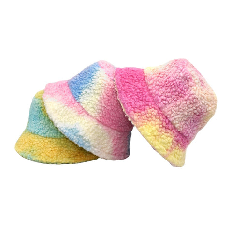 Women Tie-dye Mix Color Lamb Hair Warm Casual Cute Bucket Hat